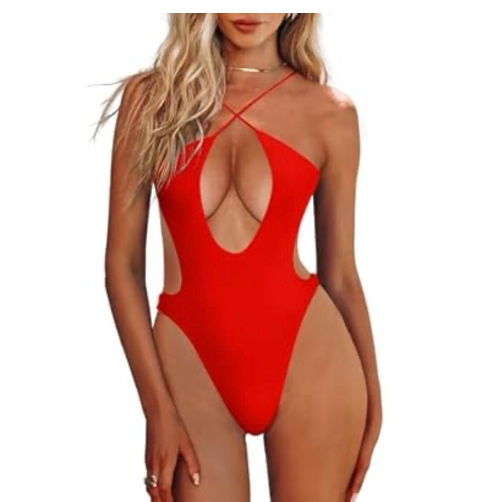 Red Criss-Cross Cutout One-Piece Swimsuit – Size Small
